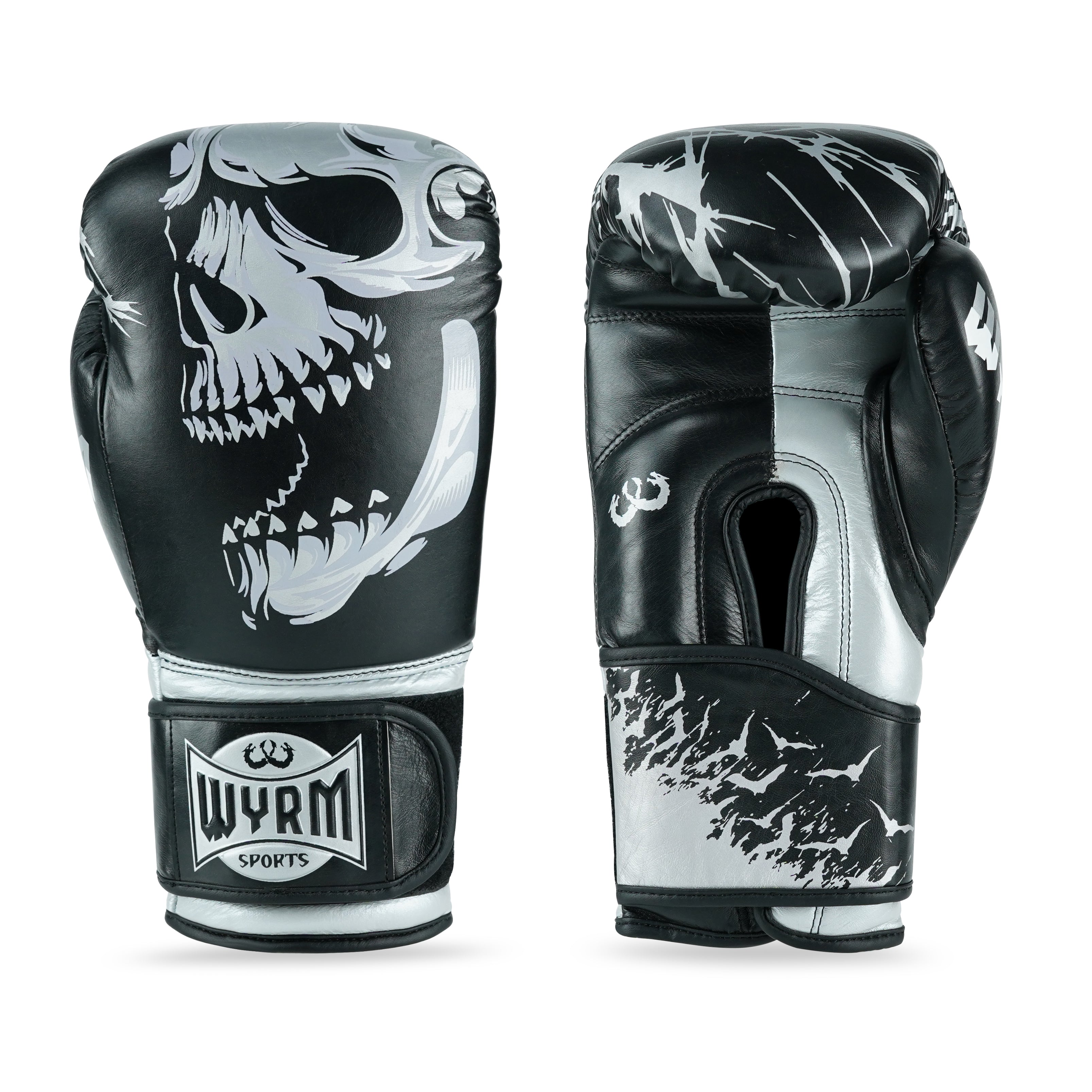 Skull Silver/Black Genuine Leather Boxing Gloves