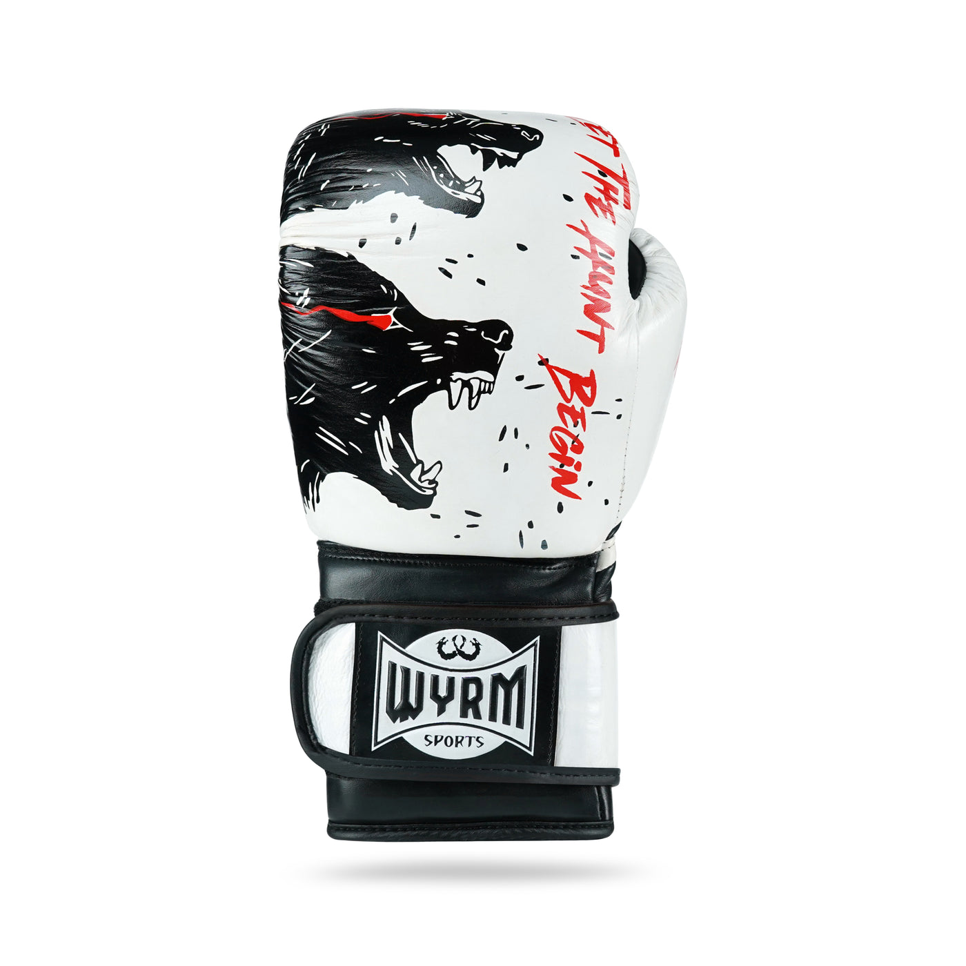 Wyrm Sports Wolf White/Black leather boxing glove close-up showing velcro strap and stitching