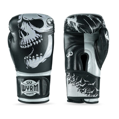 Skull  Silver/Black Genuine Leather Boxing Gloves