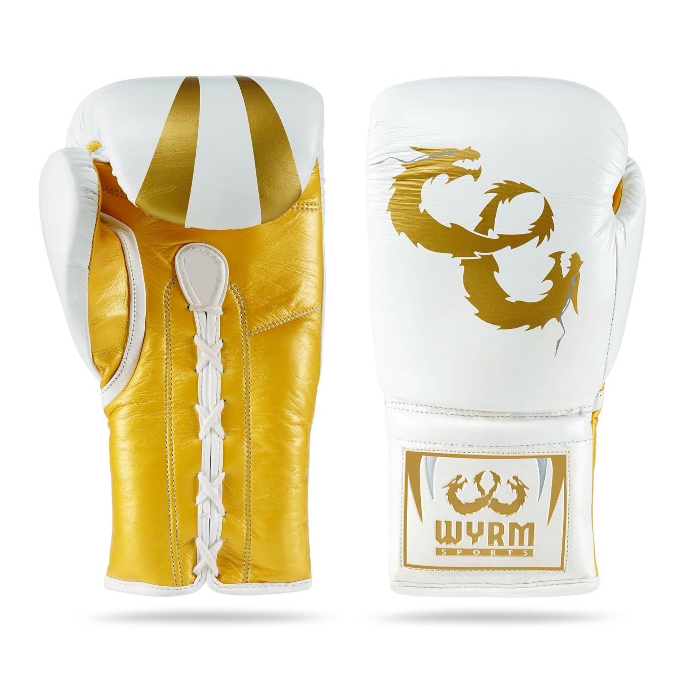 WYRM White/Gold Pro Boxing Genuine Leather Gloves