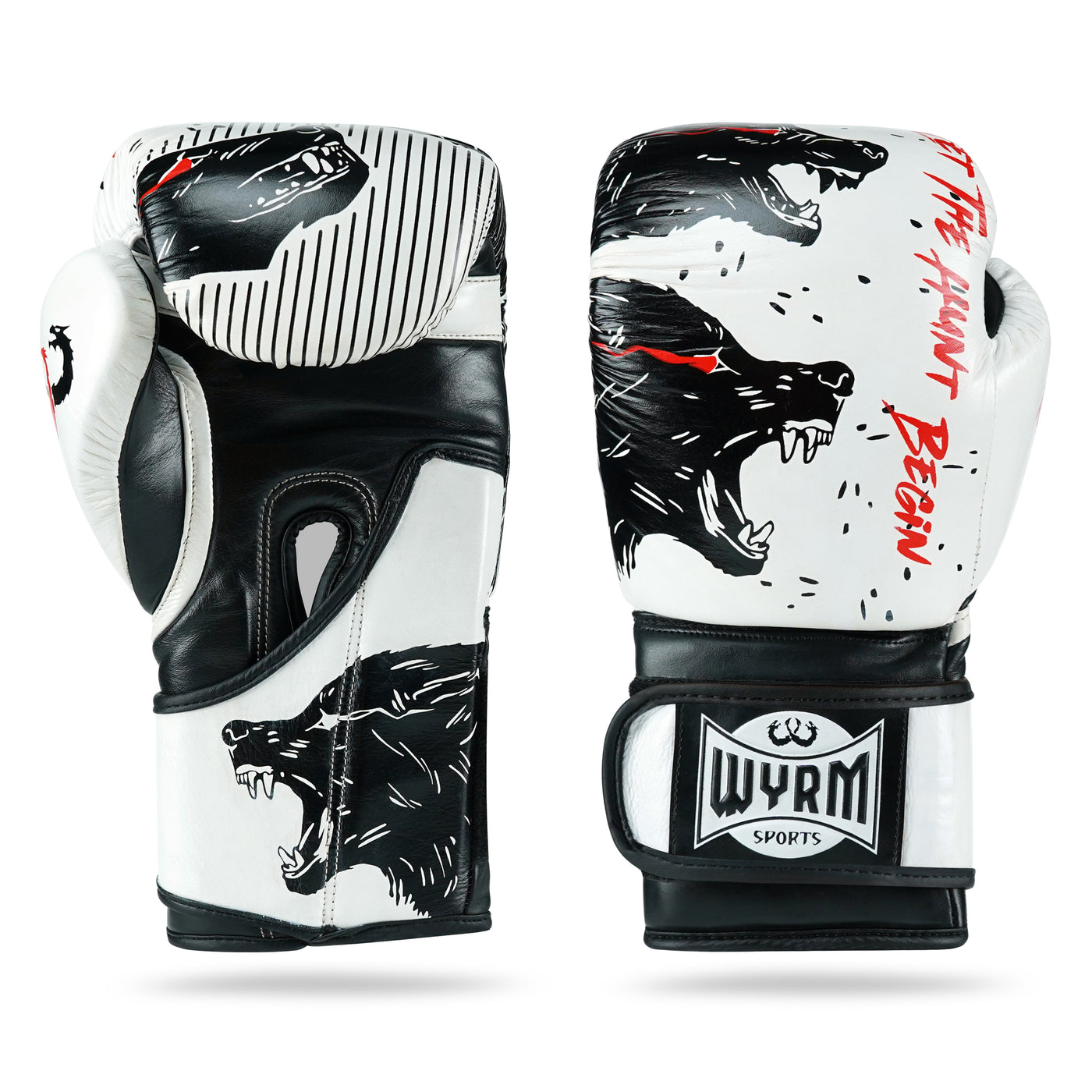 Wolf White/Black genuine leather boxing gloves with fierce wolf design from Wyrm Sports